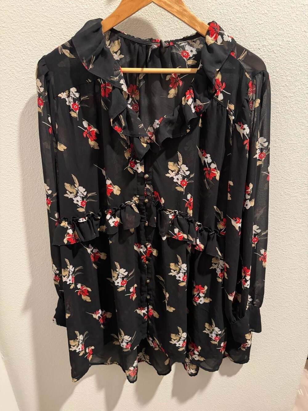 Love Fire Floral Ruffle Blouse Black Sheer Chiffon Button Front Top XL